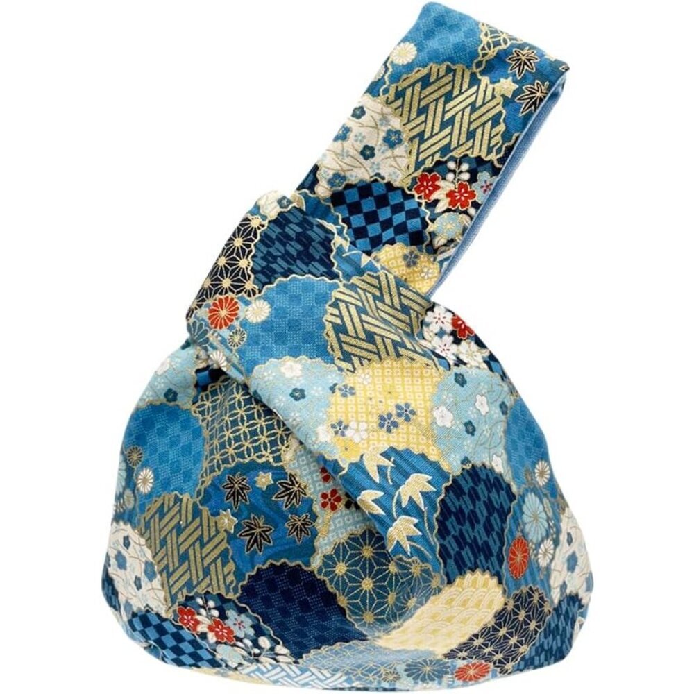 Blue Ajisai Cotton Japanese Pattern Wrist Bag with Knot Pouch and Durable Canvas